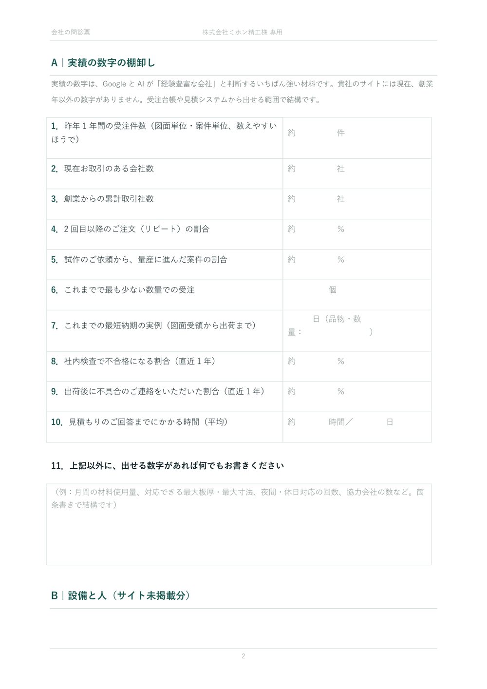 受注件数や取引社数などを書き込む、問診票の数字の棚卸しページ