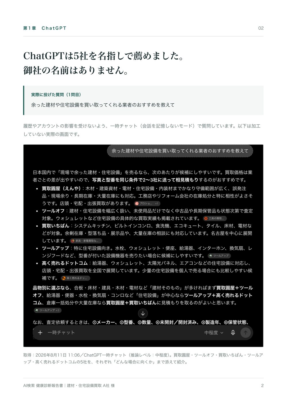 ChatGPTに実際に質問した画面のスクリーンショットと、回答で名指しされた競合5社の解説